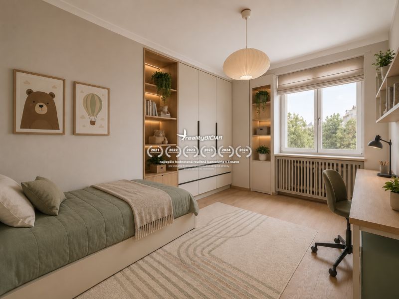 Kinderzimmer mit Holzboden in einer 3-Zimmer-Wohnung, gemütlich eingerichtet.