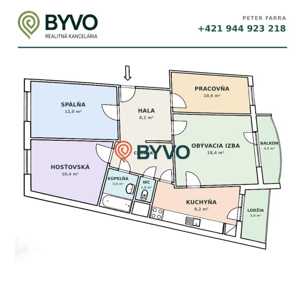 Grundriss einer 4-Zimmer-Wohnung mit geräumigem Wohnzimmer, Küche, Schlafzimmer und Balkon.