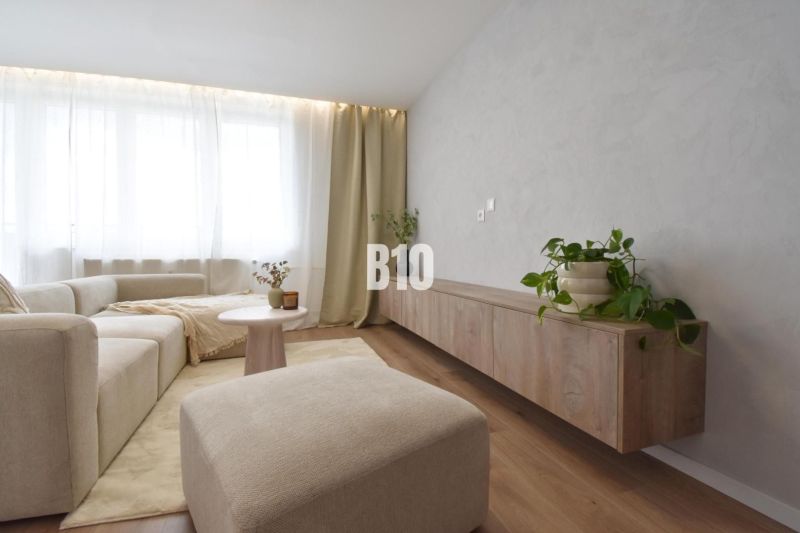Gemütliches Wohnzimmer mit heller Couch, Holzboden, 4-Zimmer-Wohnung.