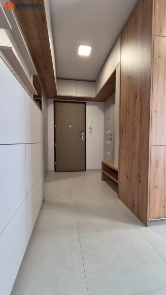 Der Flur in einer Einzimmerwohnung mit einem Boden in Holzoptik und Stauraum.