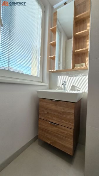 Badezimmer mit Waschbecken und Schrank mit Holzdekor in einer Einzimmerwohnung.