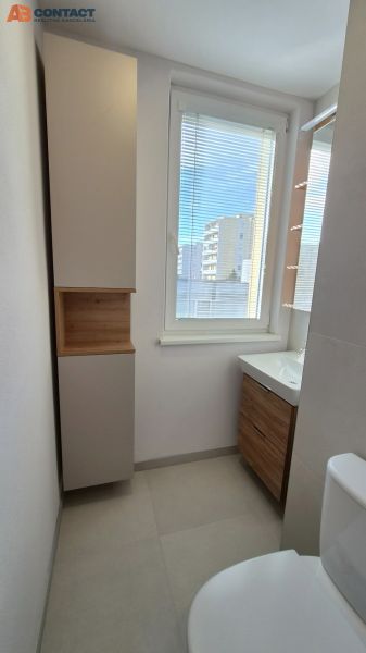 Badezimmer in einer Einzimmerwohnung mit elegantem Schrank und Blick durch das Fenster.
