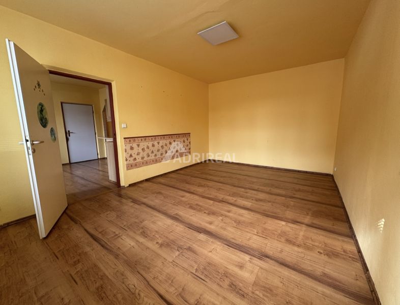 Ein Zimmer mit einem Holzboden in einer Einzimmerwohnung mit gelben Wänden.