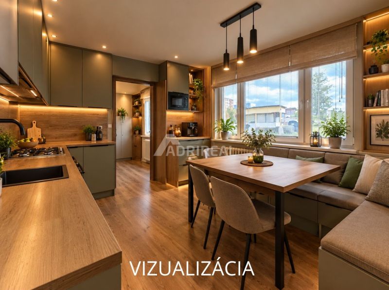 Küche und Essbereich in einer Einzimmerwohnung mit Holzboden.