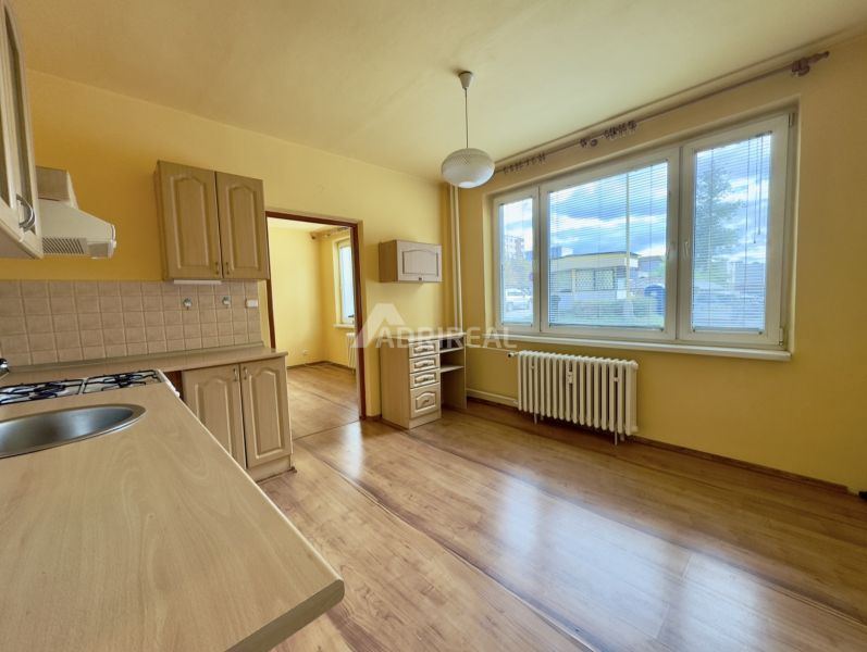 Küche mit Holzboden, Küchenzeile und großem Fenster in einer Einzimmerwohnung.
