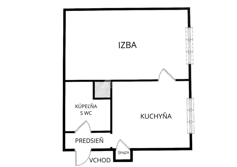 Grundriss einer 1-Zimmer-Wohnung mit Küche, Badezimmer und Flur.