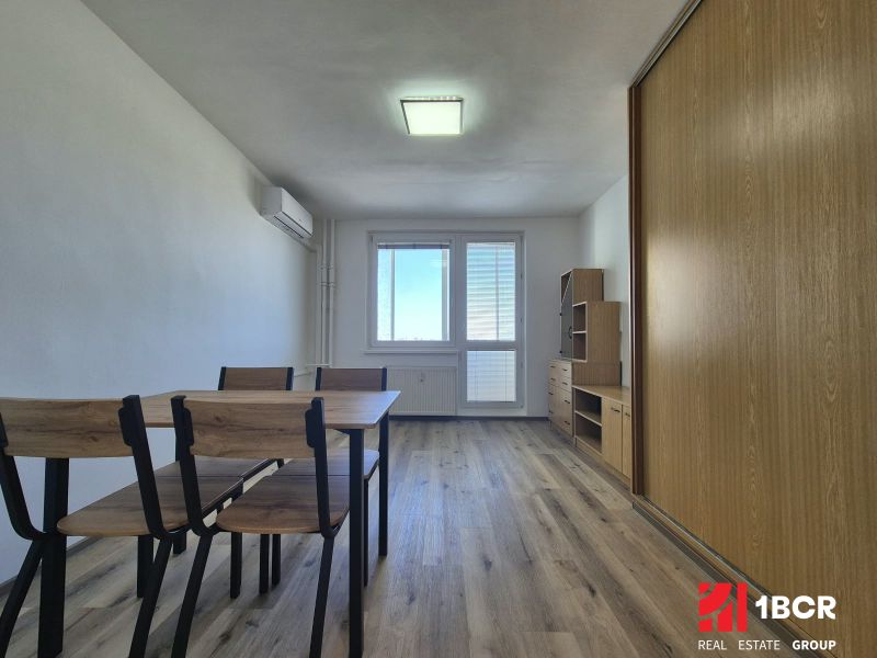 Einzimmerwohnung mit Holzboden, Tisch, Stühlen und Einbauschränken.