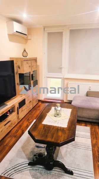 Wohnzimmer in einer 3-Zimmer-Wohnung mit Holzboden, Sofa und Fernseher.