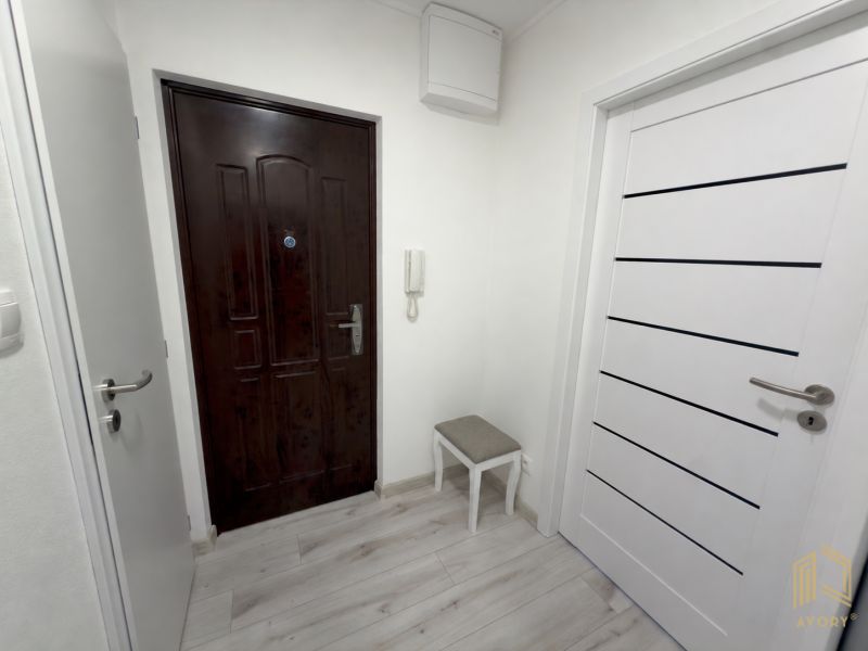 Eingangsflur in einer Zweizimmerwohnung mit Holzboden und dunklen Türen.