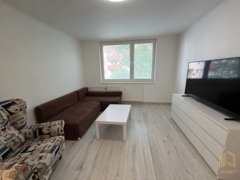 Wohnzimmer in einer 2-Zimmer-Wohnung mit Ecksofa und Holzboden.