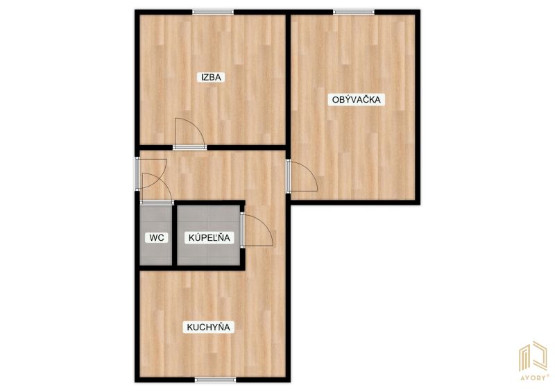 Grundriss einer 2-Zimmer-Wohnung mit Holzboden, Badezimmer und separatem WC.