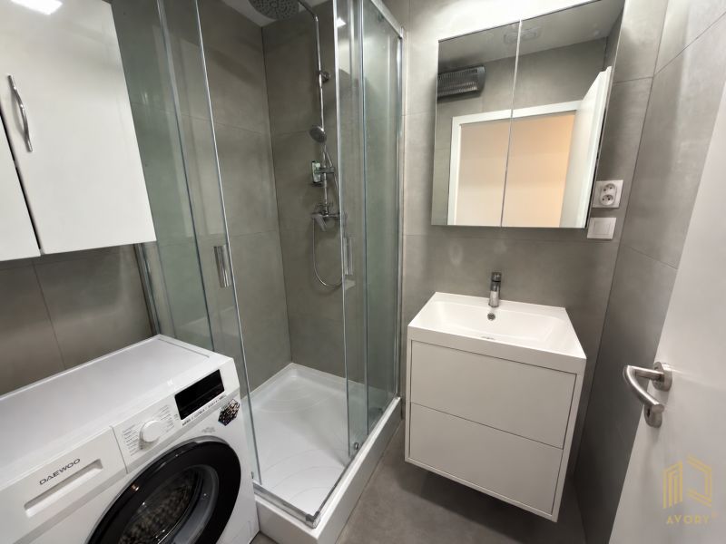 Kompaktes Badezimmer mit Duschkabine, Waschmaschine und Spiegelschrank in einer 2-Zimmer-Wohnung.