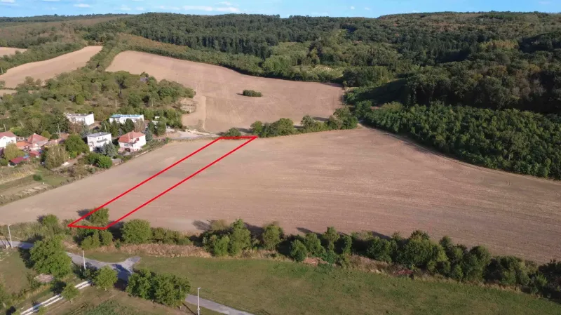 Landwirtschaftliche und forstwirtschaftliche Grundstücke in Podhájska mit sichtbarer Abgrenzung, umgeben von Wäldern.
