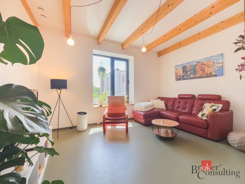 Wohnzimmer in einer 3-Zimmer-Wohnung mit rotem Sofa, Pflanzen und Holzbalken an der Decke.