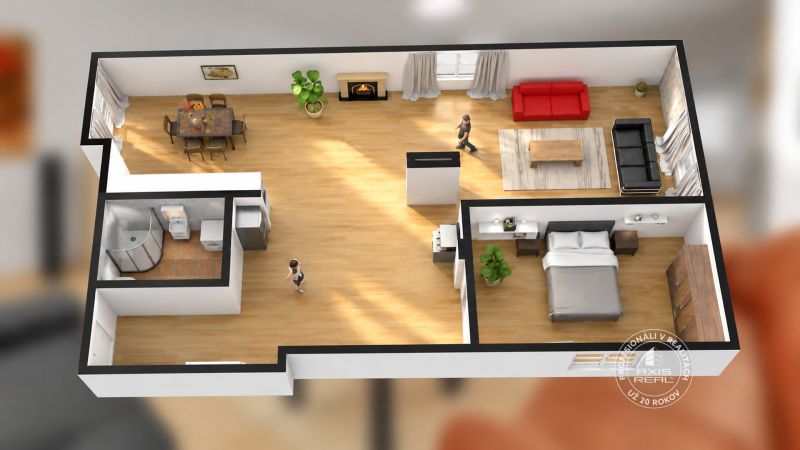 Der 3D-Grundriss zeigt die Aufteilung einer 2-Zimmer-Wohnung mit einem Boden in Holzoptik.