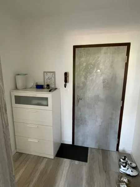 Eingangsflur mit Holzboden, Schuhschrank und Türen in einer 2-Zimmer-Wohnung.