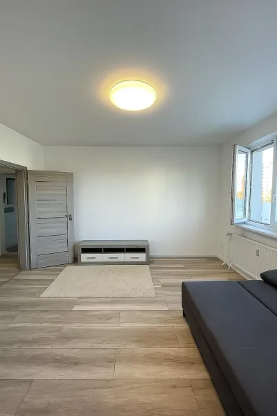 Helles Wohnzimmer in einer Zweizimmerwohnung mit Holzboden und grauem Sofa.