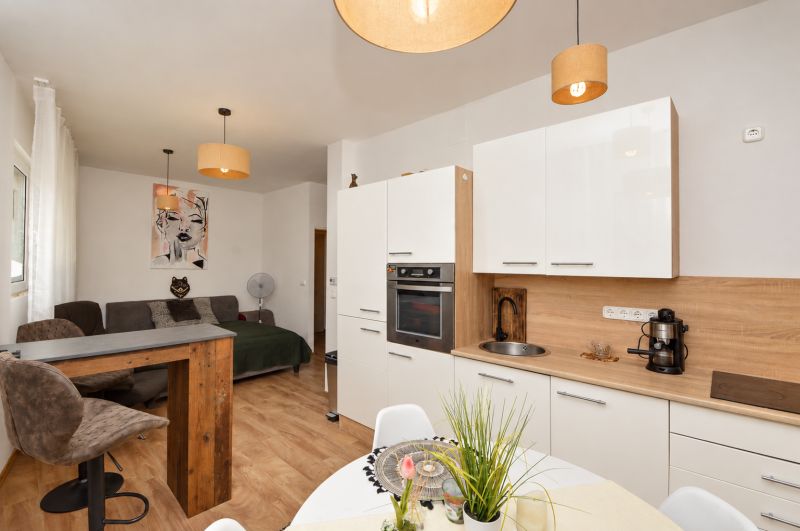 Innenraum einer 1-Zimmer-Wohnung mit Küchenzeile und Bodenbelag in Holzoptik.