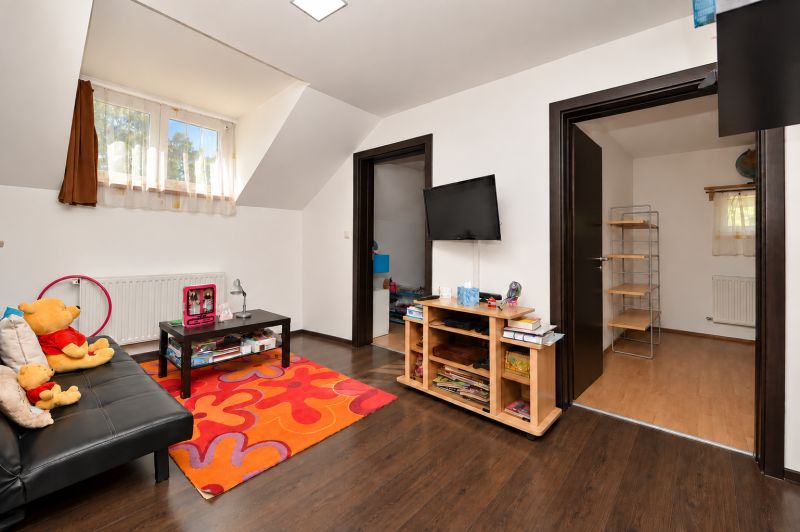 Wohnzimmer mit buntem Teppich und Fernseher, Holzboden in einem Einfamilienhaus.