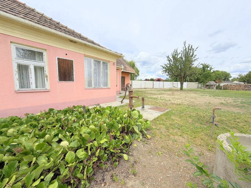 Ein Einfamilienhaus in Dunakiliti mit rosa Fassade und einem Garten voller Grün.