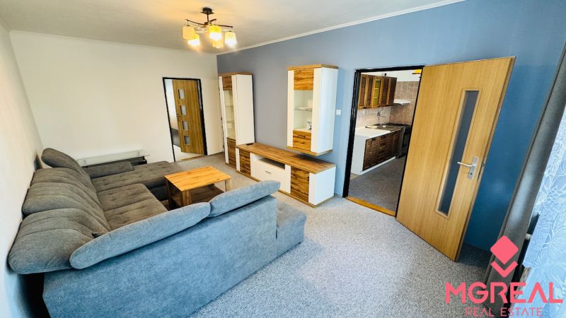 Wohnzimmer mit grauem Sofa und Möbeln in einer 3-Zimmer-Wohnung, Boden mit Holzdekor.