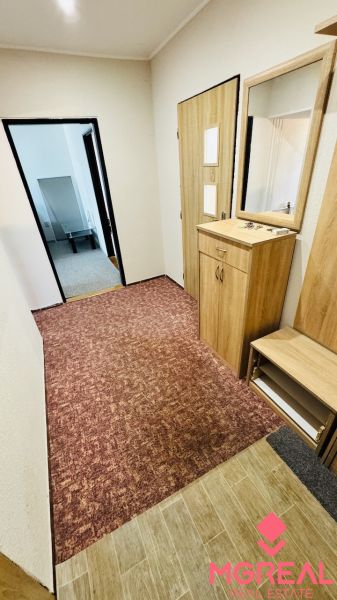 Ein Flur mit Möbeln und Teppich in einer 3-Zimmer-Wohnung mit Holzboden-Dekor.