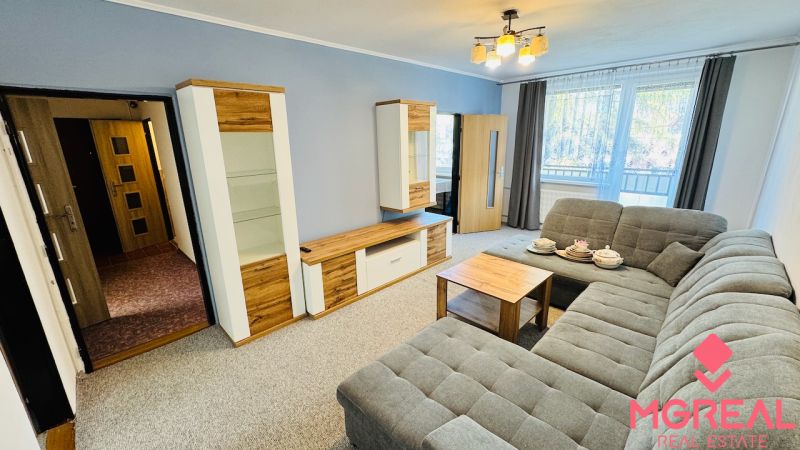Wohnzimmer mit Sofa, Schrank und Holzboden in einer 3-Zimmer-Wohnung.