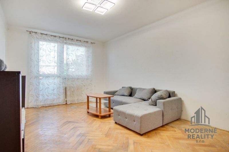 Wohnzimmer in einer Zweizimmerwohnung mit Holzboden und grauem Sofa.
