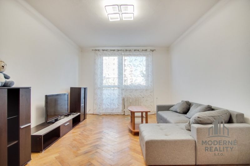 Wohnzimmer mit Sofa und Fernseher in einer 2-Zimmer-Wohnung, Boden mit Holzdekor.
