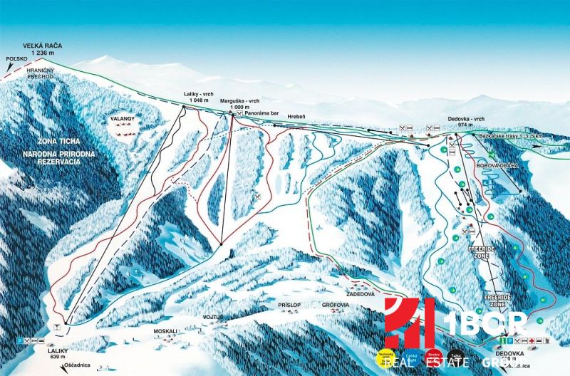 Lyžiarska mapa strediska Veľká Rača, Oščadnica s označenými zjazdovkami a oblasťami pre freeride.

Skikarte des Skigebiets Veľká Rača, Oščadnica mit markierten Pisten und Freeride-Bereichen.