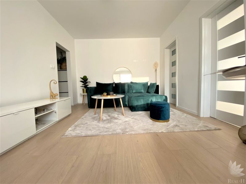 Wohnzimmer in einer 3-Zimmer-Wohnung mit Sofa, Teppich und Boden in Holzoptik.