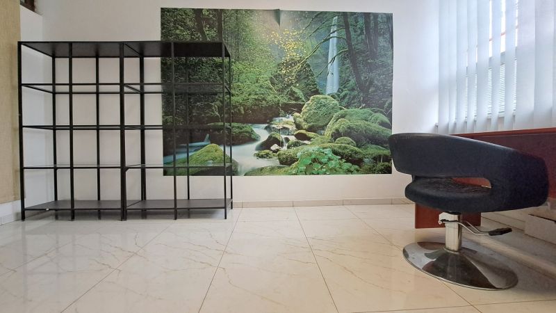 Innenraum von Geschäftsräumen mit Regal, Sessel und Naturmotiv an der Wand.