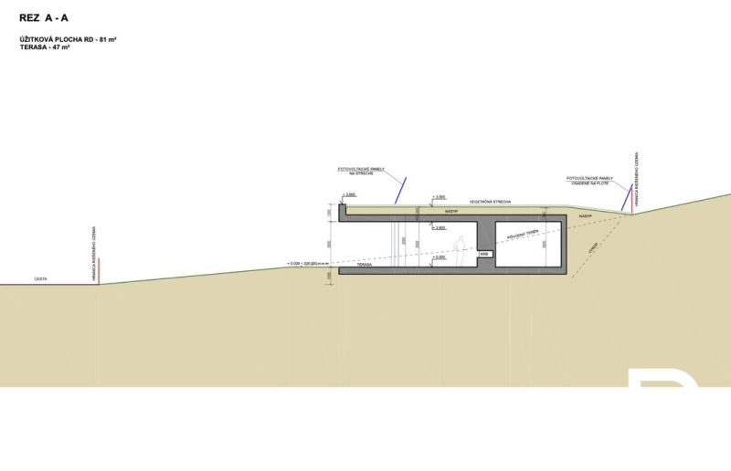 Grundriss eines Einfamilienhauses in Častkovce mit Terrasse und Photovoltaikanlagen.