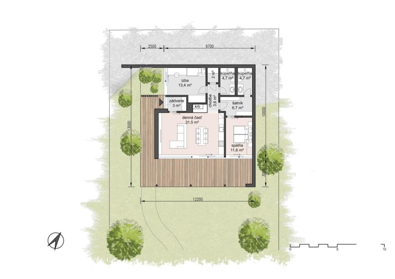 Grundriss eines einstöckigen Einfamilienhauses mit Garten und Terrasse in Častkovce.