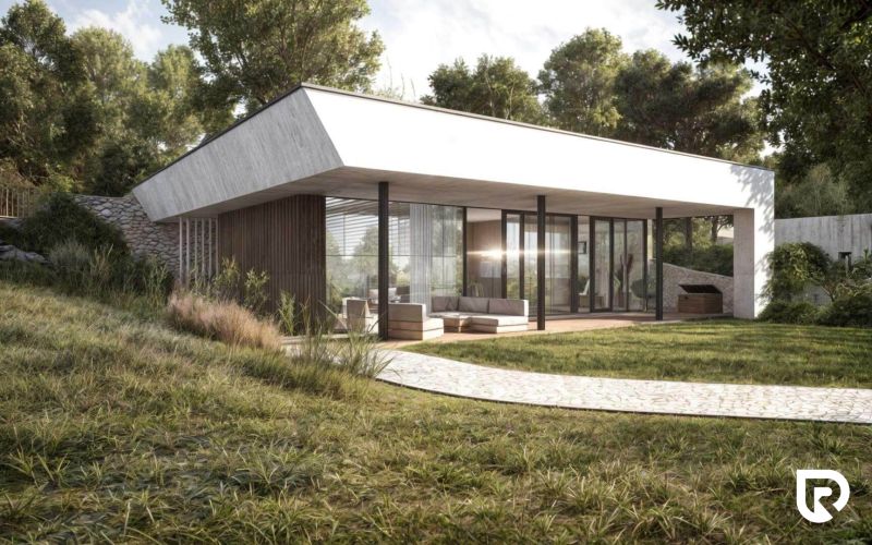 Ein Einfamilienhaus in Častkovce mit großen verglasten Wänden und einem grünen Garten.