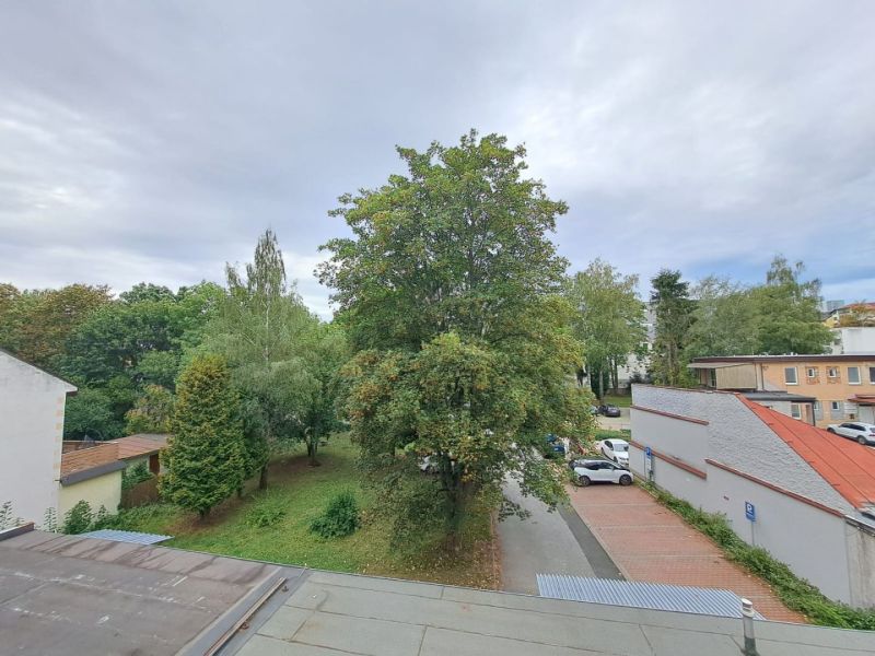 Blick aus einer 3-Zimmer-Wohnung in Poprad auf Grünflächen und Parkplätze vor den Gebäuden.