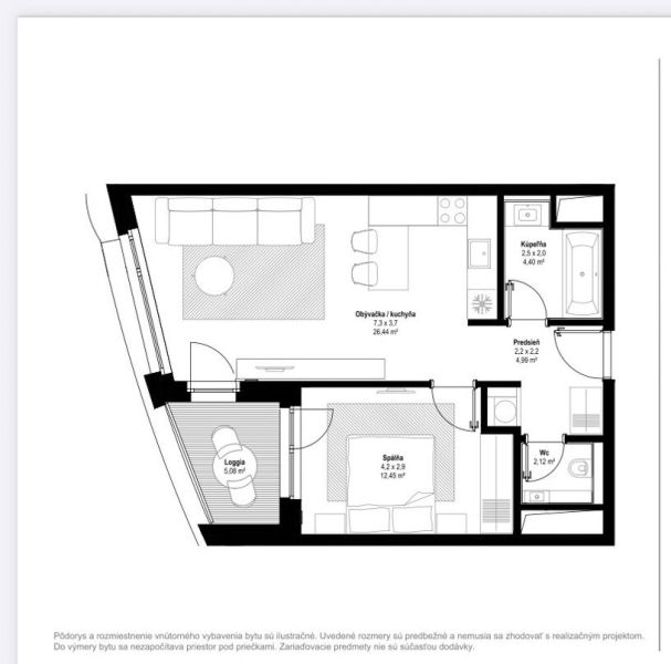 Grundriss einer 2-Zimmer-Wohnung mit Wohnzimmer, Küche, Badezimmer, Schlafzimmer und Loggia.