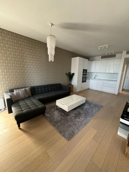 Wohnzimmer in einer 2-Zimmer-Wohnung mit Holzboden, Sofa und Küchenzeile.