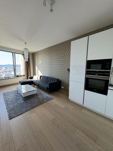 2-Zimmer-Wohnung mit Holzboden, Sofa, Küche, Aussicht, Fenster, Teppich.