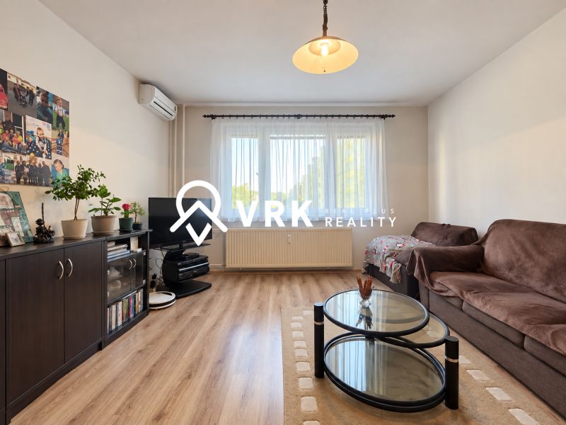 Wohnzimmer in einer 3-Zimmer-Wohnung mit Sofa, Couchtisch und Holzboden.