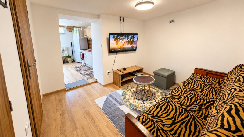 Innenraum eines Einfamilienhauses mit Holzboden, Sofa und Fernseher.
