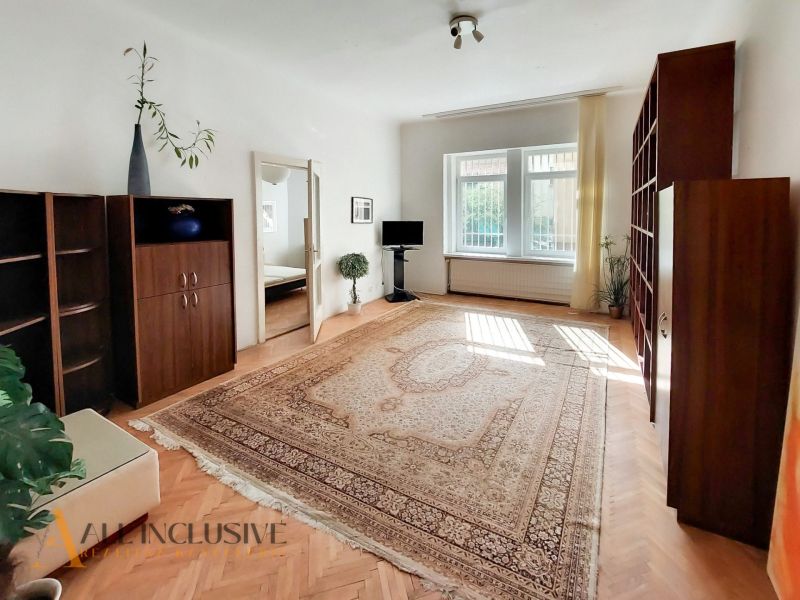 Wohnzimmer in einer 2-Zimmer-Wohnung mit Teppich und Bodenbelag in Holzoptik.
