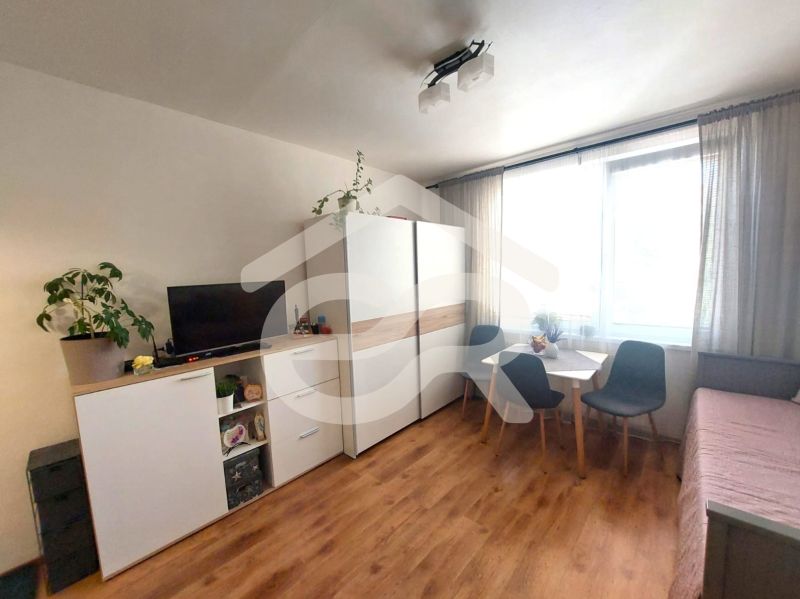 Einzimmerwohnung mit Holzboden, Schrank, Tisch und Fernseher.
