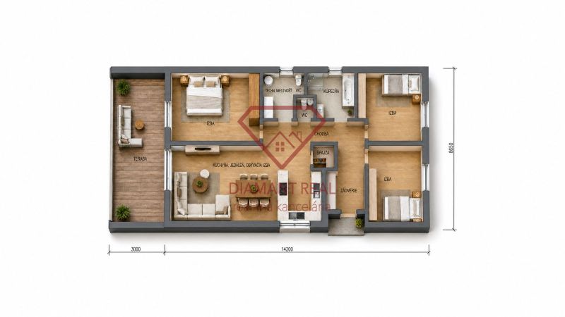 Grundriss eines Einfamilienhauses mit Terrasse, drei Zimmern, einer Küche, einem Esszimmer und einem Wohnzimmer.