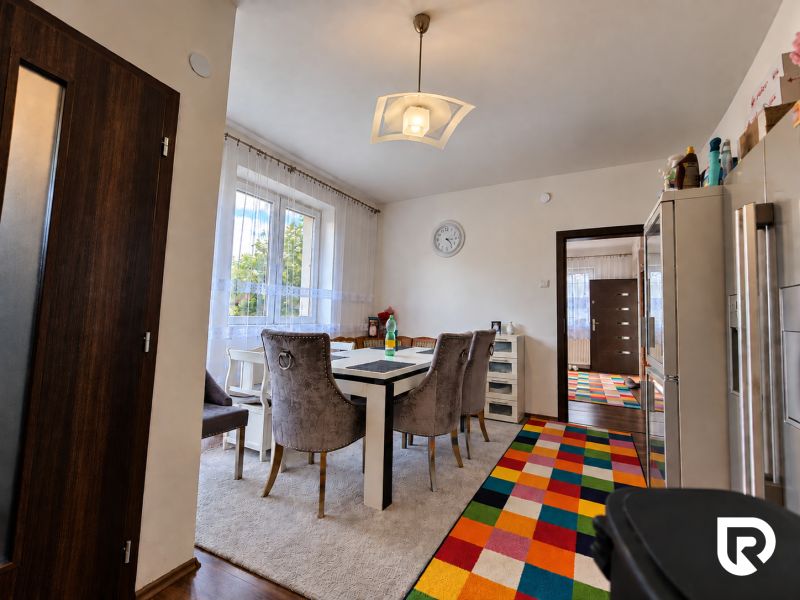 Esszimmer in einem Einfamilienhaus mit fröhlichem Teppichdekor und Holzboden.
