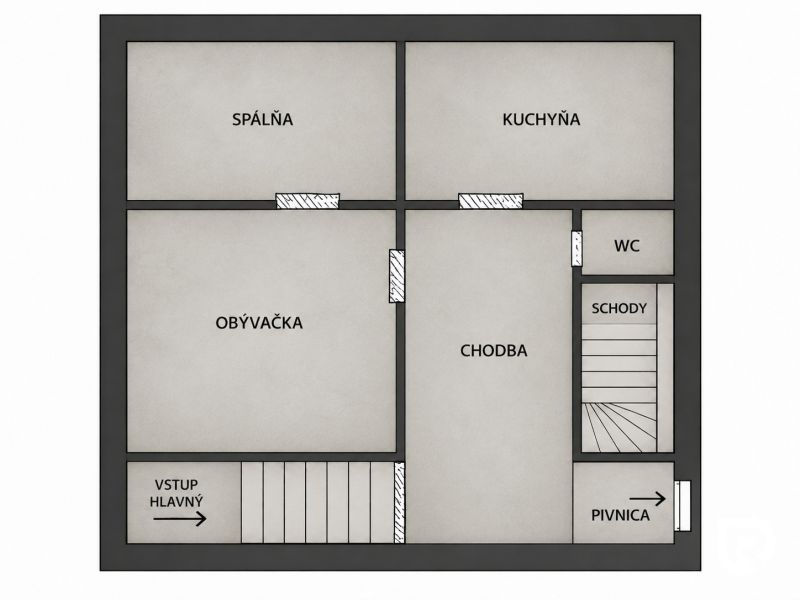 Grundriss eines Einfamilienhauses mit Schlafzimmer, Wohnzimmer, Küche, Flur, WC und Treppe.