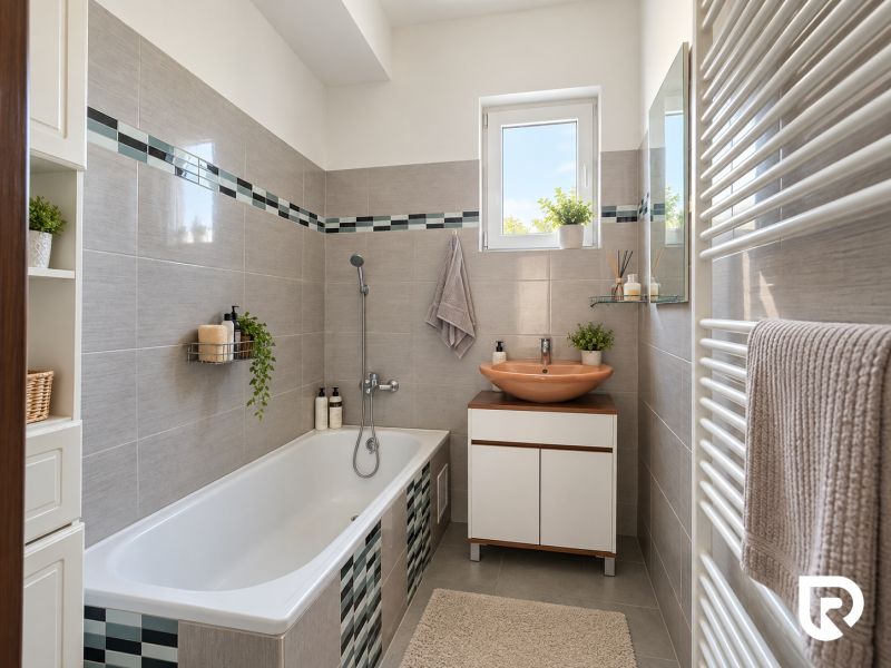 Ein Badezimmer in einem Einfamilienhaus mit grauen Fliesen, einer Badewanne und einem Waschbecken auf einem Schrank.