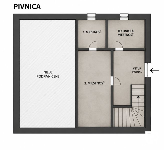 Grundriss des Kellers mit Technikraum und zwei Räumen im Einfamilienhaus.
