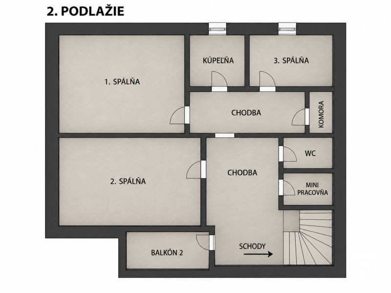 Grundriss des zweiten Stockwerks eines Einfamilienhauses mit Schlafzimmern, Badezimmer und Balkon.
