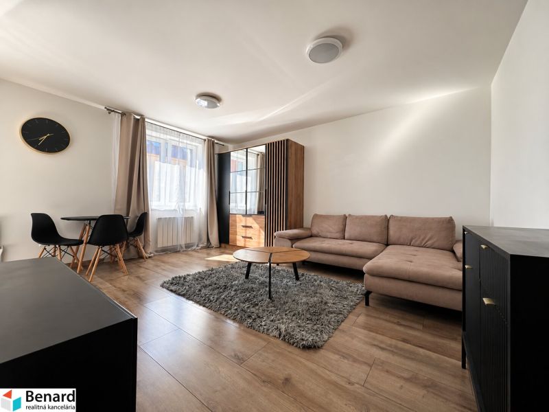 Wohnzimmer in einer Zweizimmerwohnung mit Holzboden, Sofa und Esstisch.